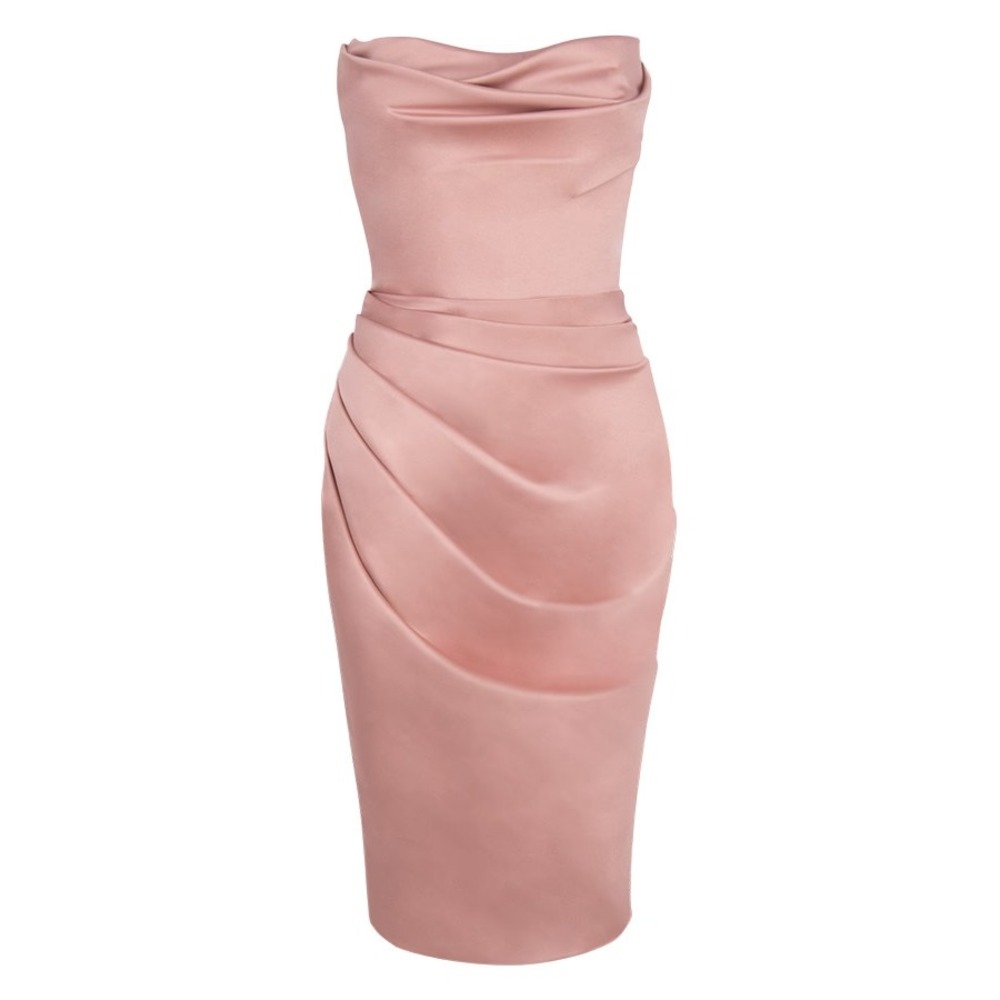 House of CB Emilia Blush Pink Satin Strapless Corset Midi Dress Glam Coquette XL